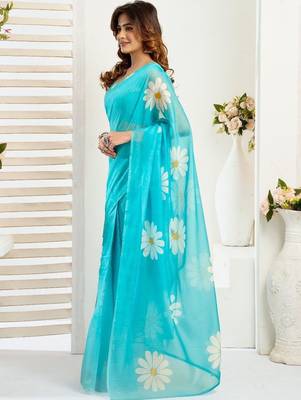 Turquoise sky blue linen printed ready to wear saree 3