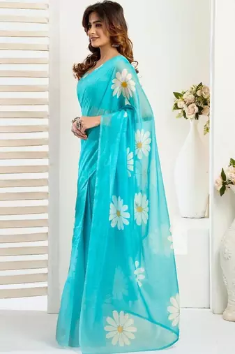 Turquoise sky blue linen printed ready to wear saree