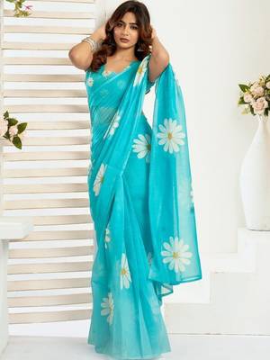 Turquoise sky blue linen printed ready to wear saree 4