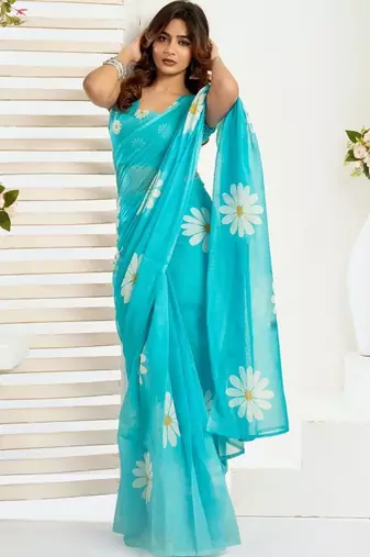 Turquoise sky blue linen printed ready to wear saree