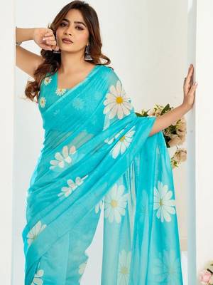 Turquoise sky blue linen printed ready to wear saree 5