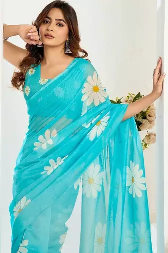 Turquoise sky blue linen printed ready to wear saree
