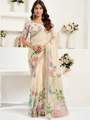 Beige off white linen printed ready to wear saree 1