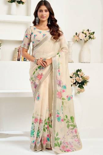 Beige off white linen printed ready to wear saree
