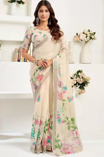 Beige off white linen printed ready to wear saree