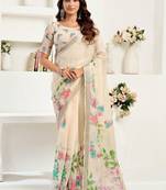 Beige off white linen printed ready to wear saree