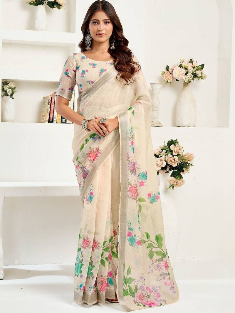 Beige off white linen printed ready to wear saree