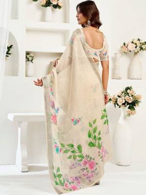 Beige off white linen printed ready to wear saree 2