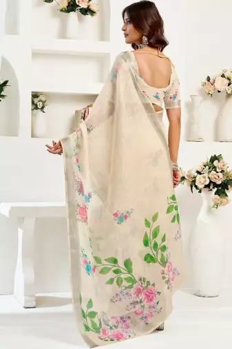 Beige off white linen printed ready to wear saree
