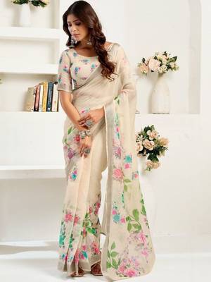 Beige off white linen printed ready to wear saree 3