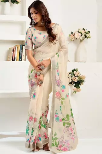 Beige off white linen printed ready to wear saree