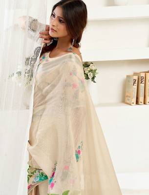 Beige off white linen printed ready to wear saree 4