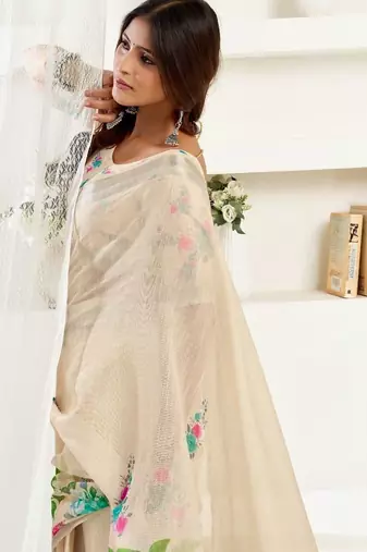 Beige off white linen printed ready to wear saree