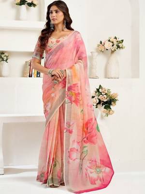 Pink linen printed ready to wear saree 1