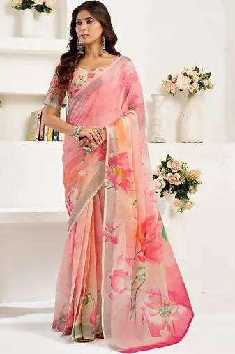 Pink linen printed ready to wear saree