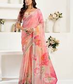 Pink linen printed ready to wear saree