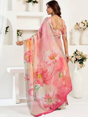 Pink linen printed ready to wear saree 2