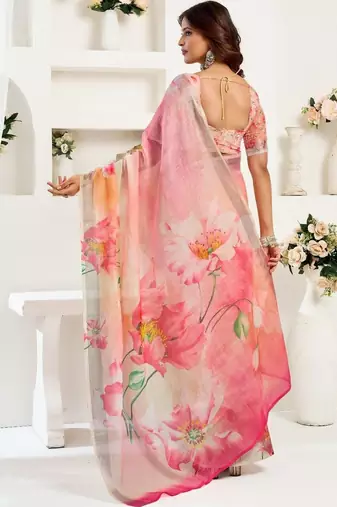 Pink linen printed ready to wear saree