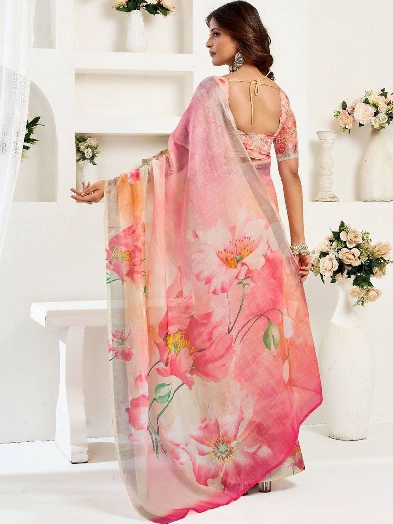 Pink linen printed ready to wear saree