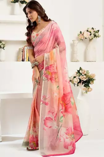 Pink linen printed ready to wear saree