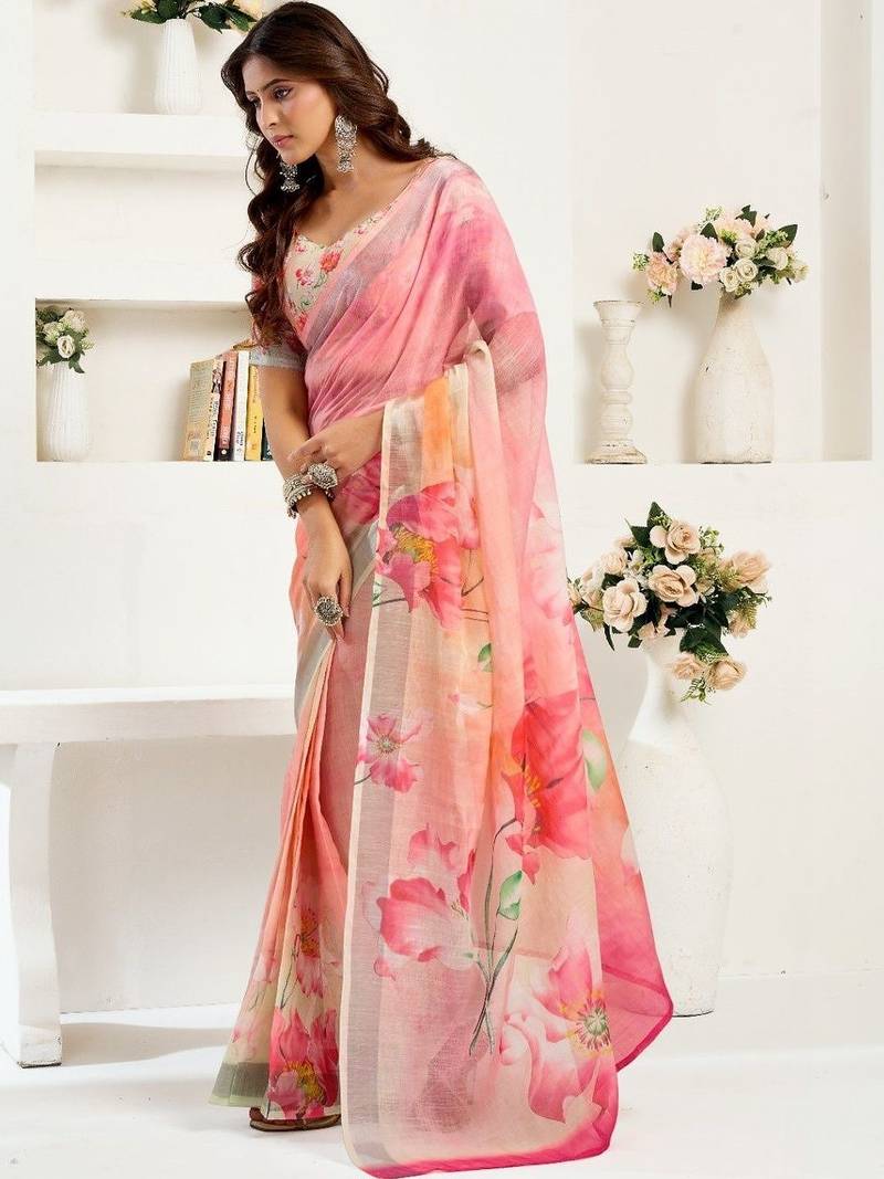 Pink linen printed ready to wear saree