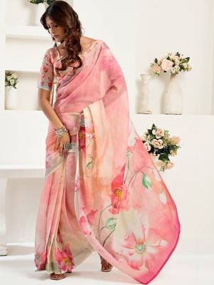 Pink linen printed ready to wear saree 4