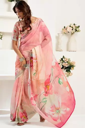 Pink linen printed ready to wear saree