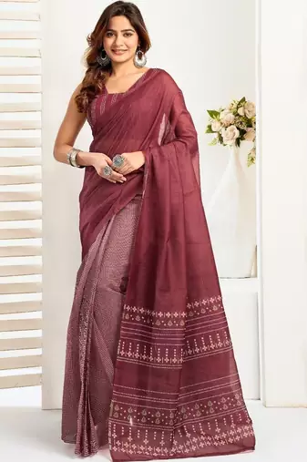 Maroon maroon linen printed ready to wear saree