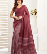 Maroon maroon linen printed ready to wear saree