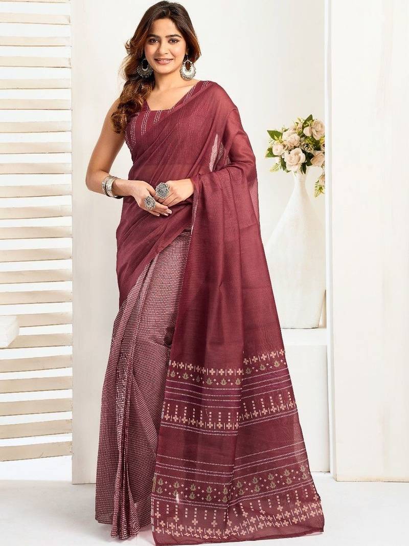 Maroon maroon linen printed ready to wear saree