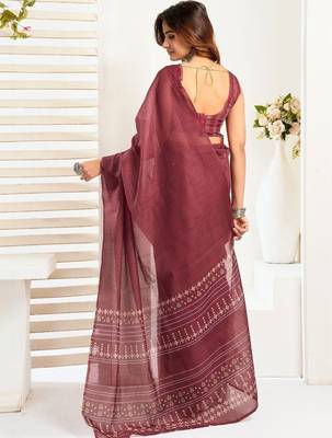 Maroon maroon linen printed ready to wear saree 2