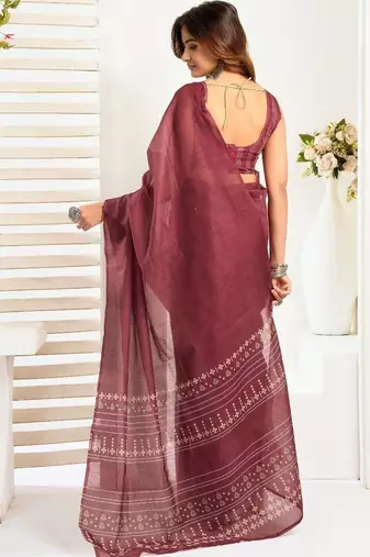Maroon maroon linen printed ready to wear saree