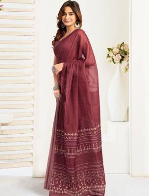 Maroon maroon linen printed ready to wear saree 3