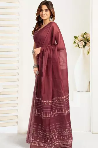 Maroon maroon linen printed ready to wear saree