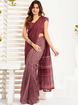 Maroon maroon linen printed ready to wear saree 4