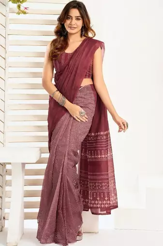 Maroon maroon linen printed ready to wear saree