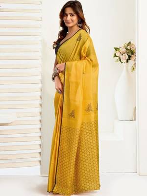Yellow yellow linen printed ready to wear saree 1