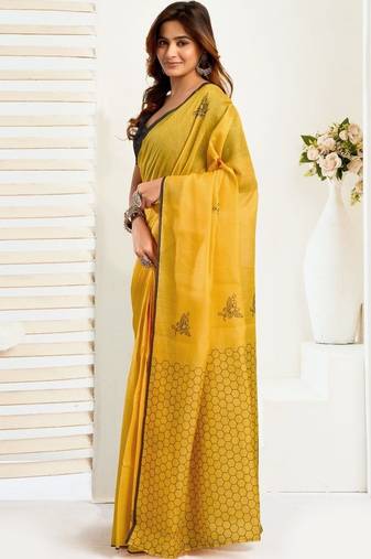 Yellow yellow linen printed ready to wear saree