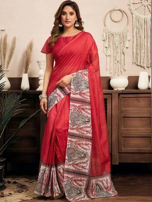 Red red & white linen printed ready to wear saree 1