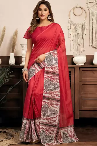 Red red & white linen printed ready to wear saree