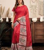 Red red & white linen printed ready to wear saree
