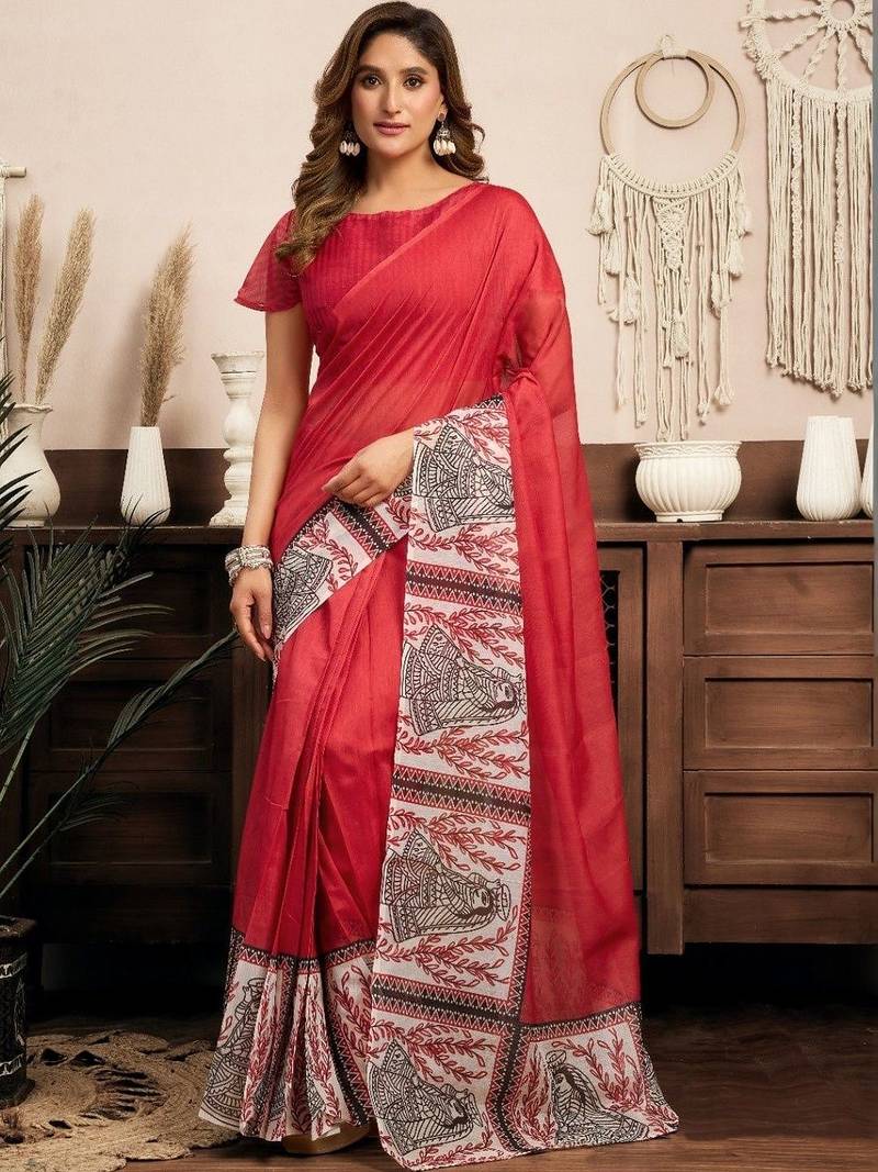 Red red & white linen printed ready to wear saree