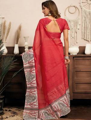 Red red & white linen printed ready to wear saree 2