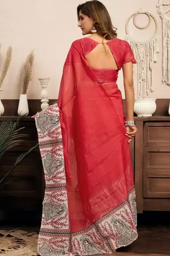 Red red & white linen printed ready to wear saree