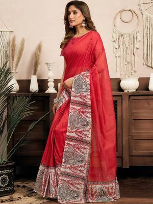 Red red & white linen printed ready to wear saree 3