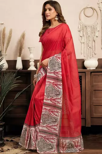 Red red & white linen printed ready to wear saree