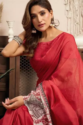 Red red & white linen printed ready to wear saree