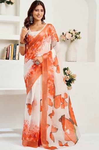 Off white orange & white linen printed ready to wear saree