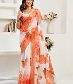 Off white orange & white linen printed ready to wear saree