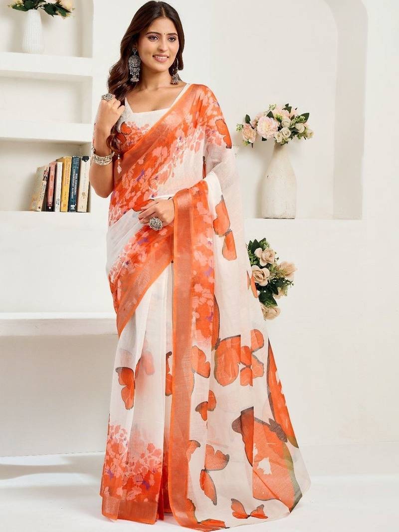 Off white orange & white linen printed ready to wear saree